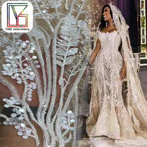 Lüks ağır nakış ile boncuklu pullu gelin tül dantel kumaş afrika düğün için 3D boncuk örgü dantel kumaş akşam elbise - Product Image 2