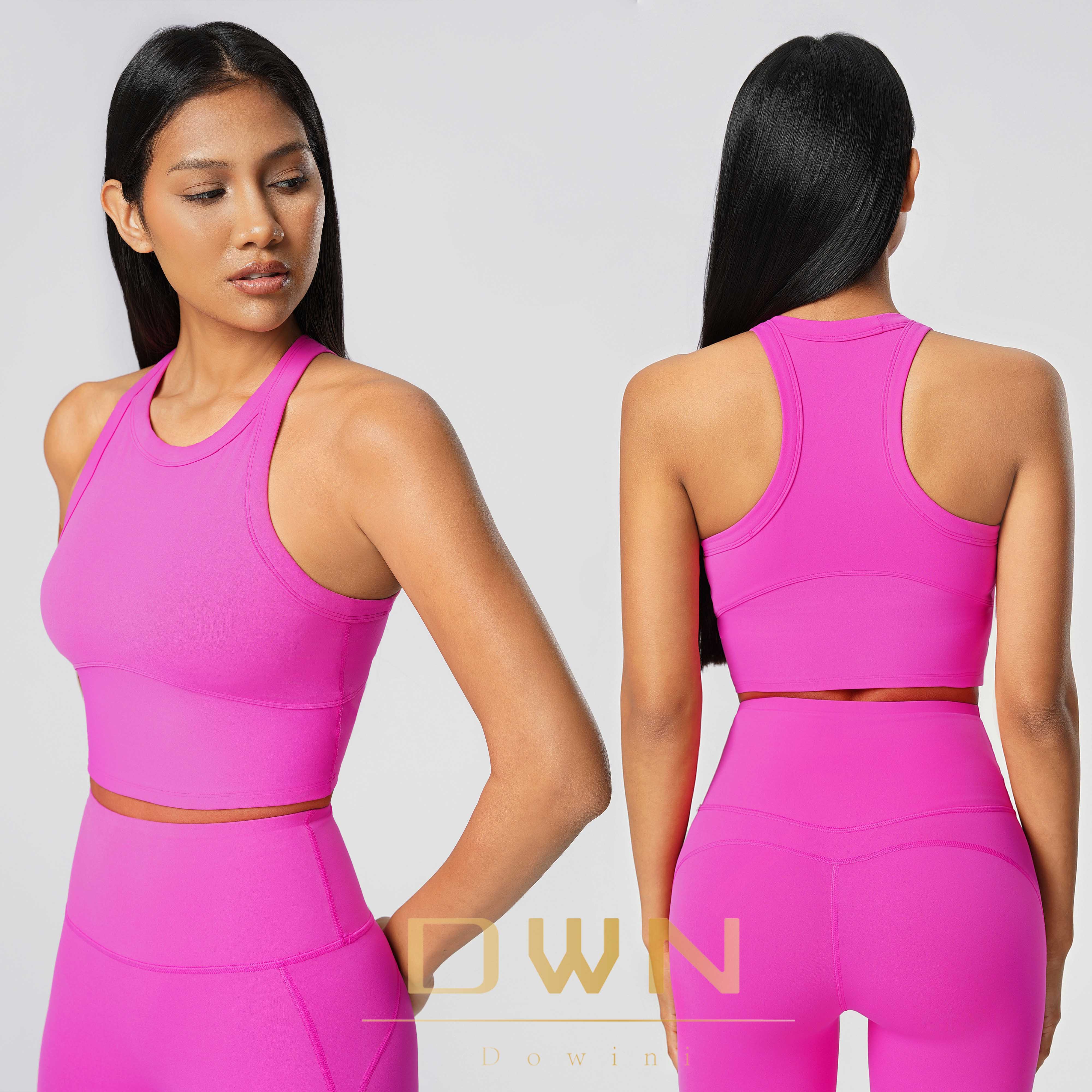 Women's Elastic Sports Vest with Round-Neck Skin-Tight Fit Shockproof One-Piece Bra Pads Fitness & Yoga Wear Top