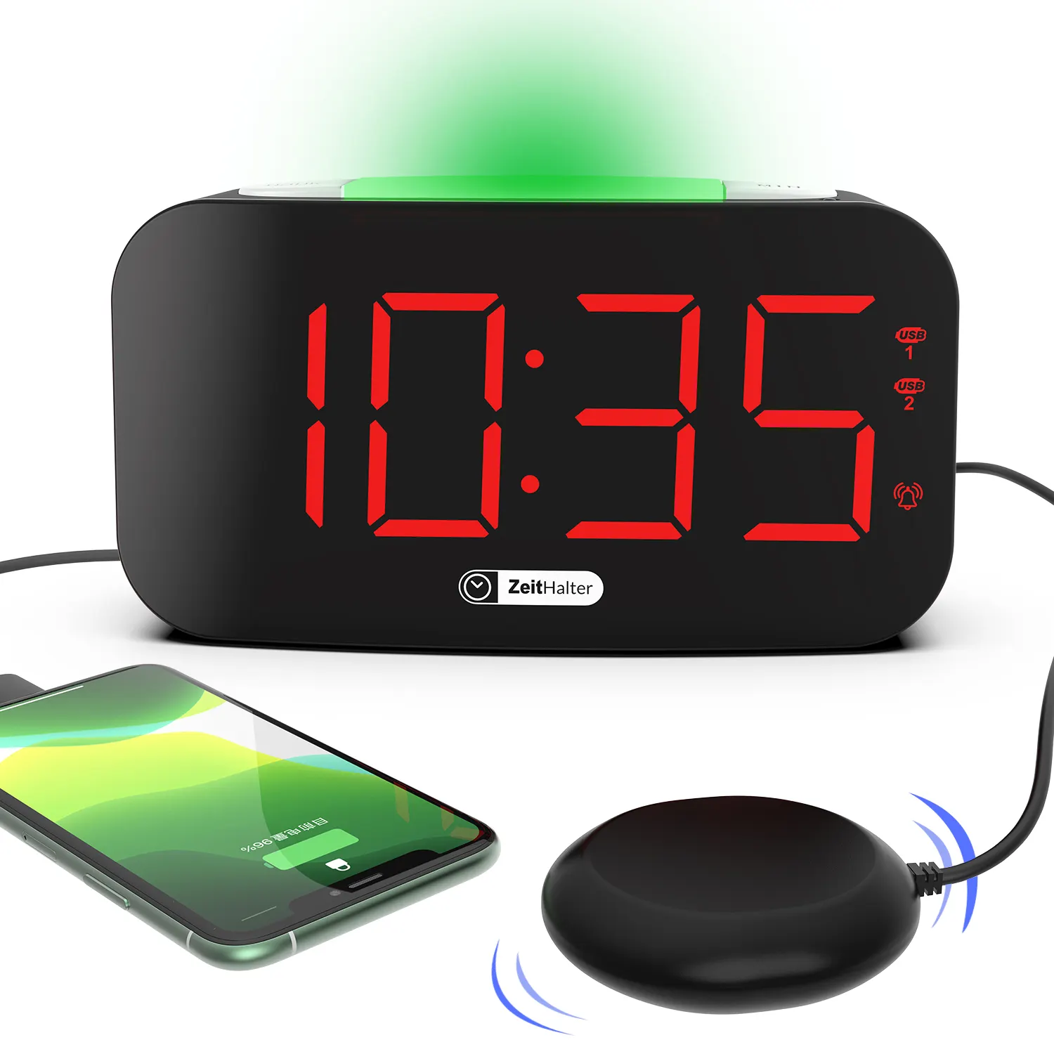 Rectangular Ultra Loud Bed Vibrator Black USB Phone Charging Digital Alarm Clock