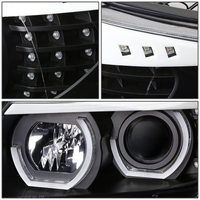 Phares avant à anneau halo 3D noirs, faisceau haut et bas avec clignotants ambrés, compatibles avec BMW 323i 06-08 / 325i 05-08 berline 4 portes