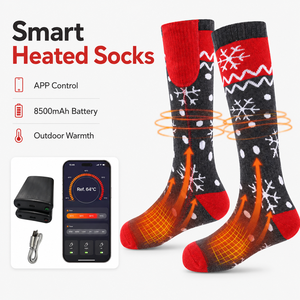 Chaussettes thermiques chauffantes rechargeables, contrôlées par application, motif de Noël, respirantes, en coton épais, pour hommes et femmes, ski, chasse, camping - Product Image 1