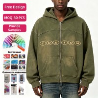 Sudadera con capucha y cremallera de felpa de algodón 100% de 500 g/m² personalizada, con efecto lavado y estampado serigrafiado desgastado, corte ajustado