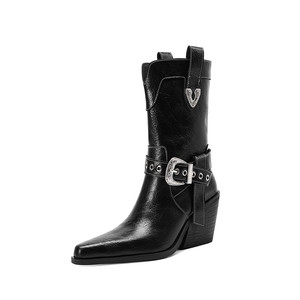 <span class=keywords><strong>Bottes</strong></span> de cow-boy occidentales pour femmes, bout pointu, talon bloc, boucle en métal, <span class=keywords><strong>mi</strong></span>-<span class=keywords><strong>mollet</strong></span>, couleur marron - Product Image 1