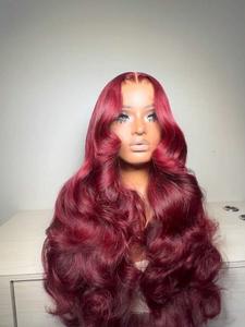 Perruque indienne 99j bordeaux transparente à dentelle frontale pour femmes, vente en gros d'usine, 13x4 pré-épilée, ondulée, pour perruque frontale longue - Product Image 4