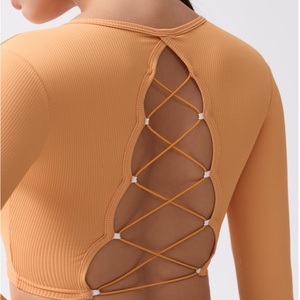Haut de yoga personnalisé grande taille respirant léger sexy dos nu avec coussinets de poitrine, vêtement d'extérieur portable, entraînement estival à manches longues - Product Image 6