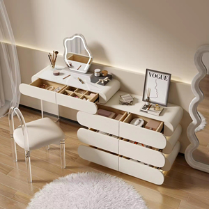 Table de toilette en bois crème de luxe moderne avec lumière LED, rangement assemblé pour hôtel, salon, chambre à coucher, coiffeuse, miroir de maquillage - Product Image 1
