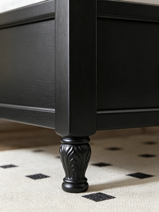 Cadre de lit king size traditionnel en bois avec tête de lit capitonnée arquée et design en tissu de style rond - Product Image 5