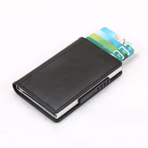 MU crad Custom Logo Rfid blocking card case Side push pop up credit card box leather Aluminum Automatic card holder wallet