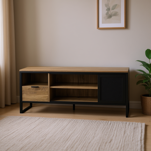 Meuble TV rustique en chêne à 1 tiroir, étagère en bois moderne pour salon, support au sol - Product Image 2