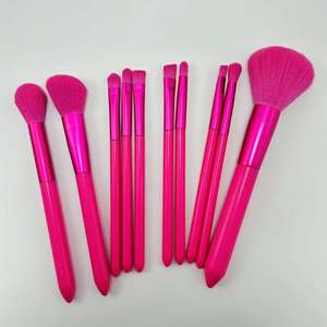 YRX Couleurs personnalisées Rouge rose Créez votre propre ensemble de 10 pinceaux de maquillage synthétiques à manche plat et en bois pour le visage et les yeux - Product Image 4