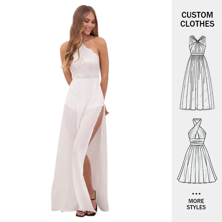 2024 Custom LOGO Casual Floral Elegant Formal Evening Bodycon Halter Lace Dress in White Women Dress