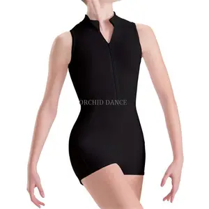 Fabbrica all'ingrosso bambini ragazze bambini Nylon lucido Spandex danza nuoto indossare collo a lupetto serbatoio corto nero Unitard