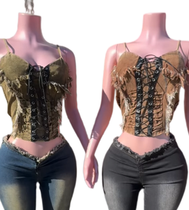 Viviblook Z512TP03 2025 Vintage Sexy Denim borlas PU cuero encaje hasta la cintura Cinching chaleco sin mangas Crop Tops para mujeres - Product Image 1