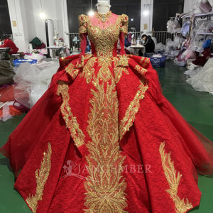 Xs251 Red Ball Gown Wedding Dress <b>Long</b> <b>Sleeves</b> Crystal Embroidery <b>Sequined</b> Lace Back Sweetheart Neckline Chapel Train - Product Image 6