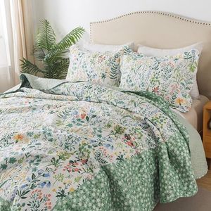 HoneiLife California King Juego de edredón <span class=keywords><strong>Colcha</strong></span> de microfibra de 3 piezas <span class=keywords><strong>Verde</strong></span> Blanco Patrón floral Extra grande 120x120 Todas las estaciones - Product Image 4