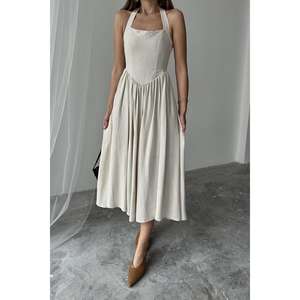 Vestido de Lino con Cuello Halter, Cintura Imperio, Corte A, Espalda Descubierta, Transpirable, Estilo Casual - Product Image 2