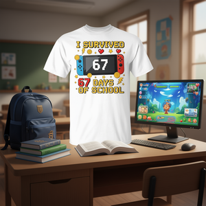 T-shirt Gamer « J'ai survécu à 67 jours d'école » pour étudiants, design assorti - Product Image 3