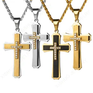 Hot sale Stainless Steel Classic Design Jewelry 18K Real Gold Plated Cross Diamond Micro Inlay Zircon Choker Pendant Necklace