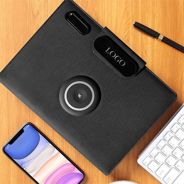 Custom A5 Leather Loose-Leaf Printed Power Bank Notebook with Refillable Wireless Charging School Organizer
