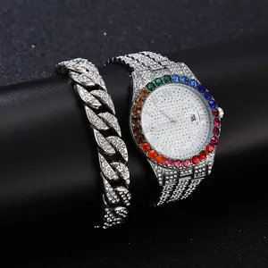 Luxury Golden Bling Hip Hop Diamond Wrist Watch With Bracelet Gift Set Fashion Watch For Men