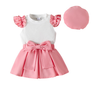 Conjunto de Tres Piezas para Bebé Niña de 0 a 3 Años, Top sin Mangas con Rayas Hundidas, Falda con Lazo de Color Sólido - Product Image 5