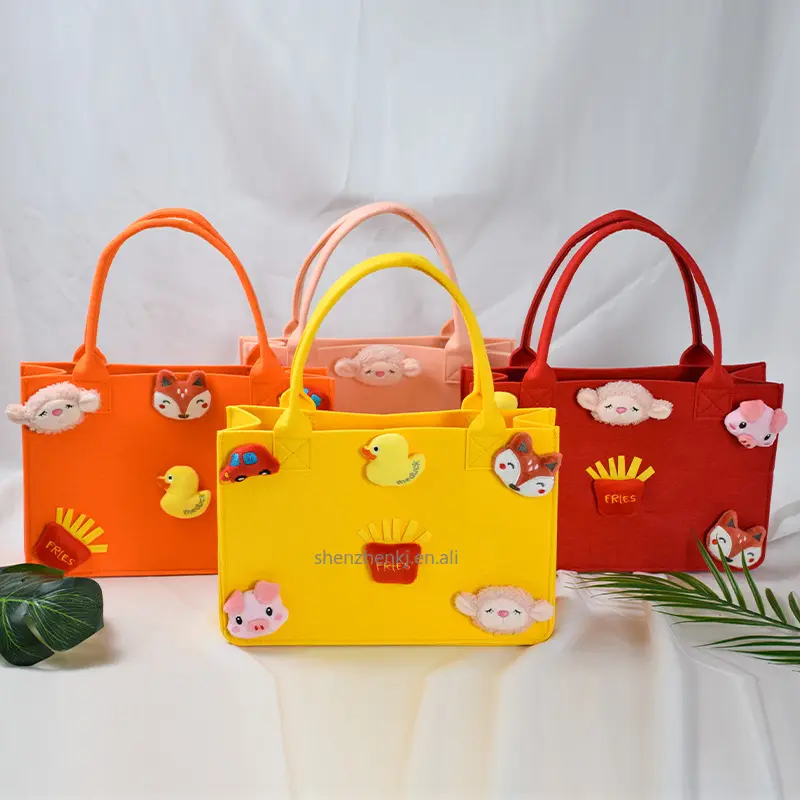 Felt Ball Series Small Quare Handbags For Women 3D Animal Pattern Bag Solid Color Cute Cartoon Doll Tote Bags Female Gift
