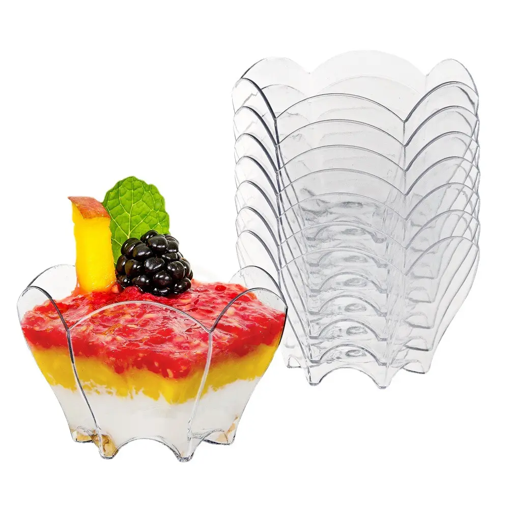 Taza de postre transparente PS Taza de comida desechable de plástico Cuchara Tenedor Juego Mousse Helado Pastel Taza de postre