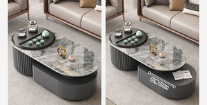 Modern <strong>Oval</strong> - Shaped Marble - Top <strong>Coffee</strong> <strong>Table</strong> with Drawer and Rotating Tea Tray - Product Image 2