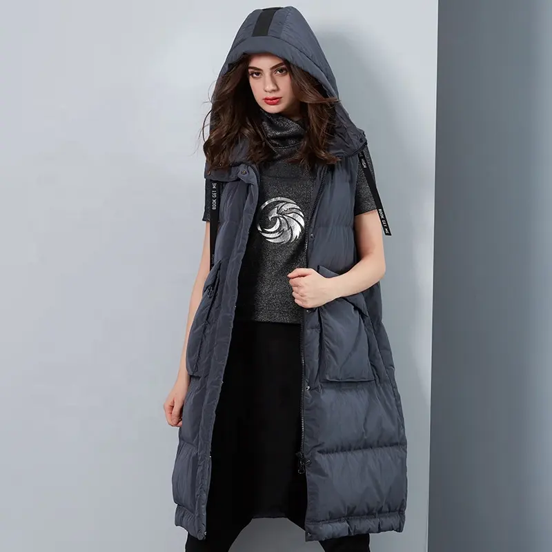 사용자 정의 여성 패션 플러스 사이즈 코트 후드 민소매 자켓 긴 오리 다운 호흡기 조끼