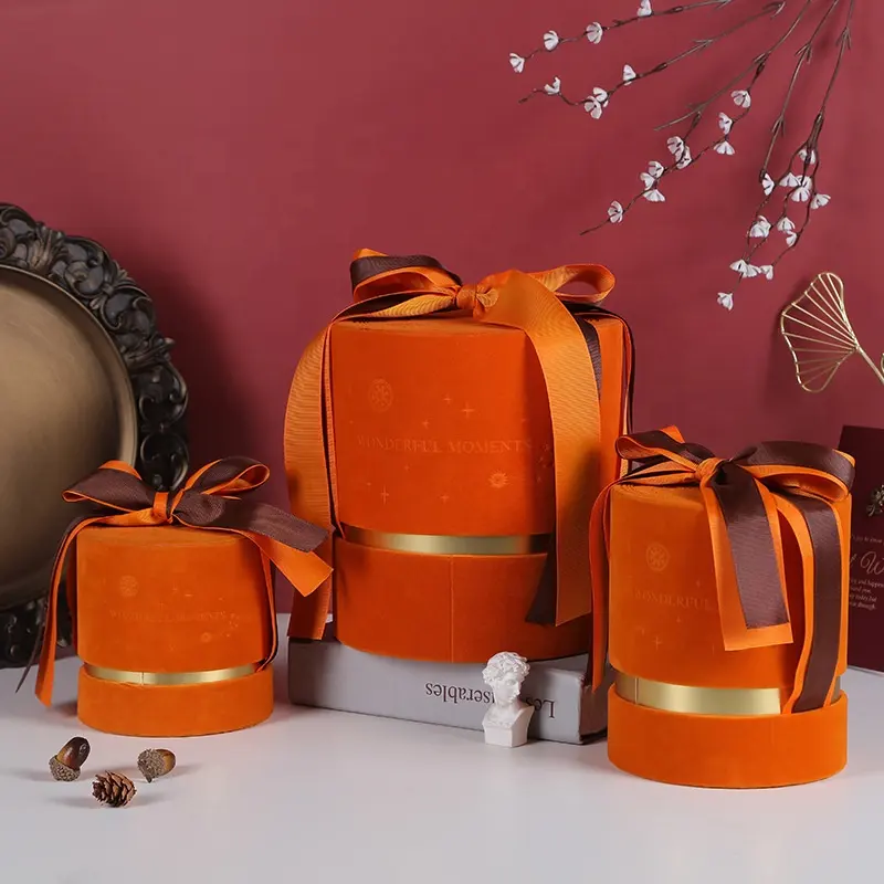 फैंसी मखमल लंबा सिलेंडर नारंगी उपहार बॉक्स मातृ दिवस वेलेंटाइन दिवस उपहार पैकेजिंग बॉक्स के साथ डबल परत रिबन सजावट