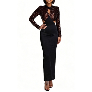 Robe longue de soirée moulante à sequins contrastants et découpes pour femme, manches longues, tendance - Product Image 3