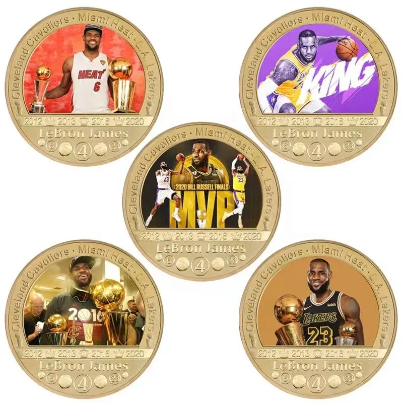 Moeda comemorativa de bom estoque, moedas esportivas de metal por atacado, jogador estrela da NBA, Kobe James Durant, moeda de ouro com estampa UV Curry