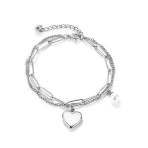 New Arrival Stainless Steel Paperclip <b>Chain</b> Gold Plated Heart Pendant Charm Pearl Loves Bracelet - Product Image 2