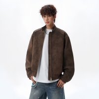 Blouson bomber pour homme en daim texturé, col montant, fermeture éclair intégrale, style décontracté, avec empiècements contrastants côtelés aux épaules