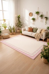Tapis de luxe rose crème festonné, tapis minimaliste moderne fait main pour salon, chambre à coucher, décoration intérieure contemporaine - Product Image 3