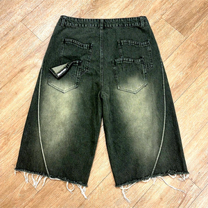 OEM Custom Back Pockets Raw Hem Distressed Vintage Washed Cotton Ripped <b>Jeans</b> Denim Shorts for Men - Product Image 2