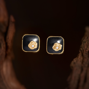 Fashion <b>Stud</b> <b>Earrings</b> 316L Stainless Steel PVD Gold Plating <b>Black</b> Square With Pearl Center Design - Product Image 3