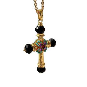 Collier croix vintage avec turquoise et cristal, plaqué or, en alliage de zinc, bijoux religieux pour femmes, cadeau pour les croyantes chrétiennes - Product Image 2