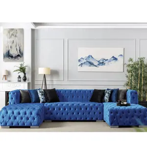 Winforce Luxury Velvet Pull Button Chesterfield Sofa Upholstered Living Room Sofa Set Furniture 7 Seater Sectional U Shaped Sofa