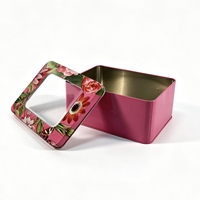 Boîte en fer blanc rectangulaire rose sur mesure avec fenêtre, motif floral botanique vintage, idéale pour l'emballage cadeau