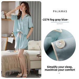 Pyjama d'été pour femmes, ensemble 2 pièces, manches courtes et short, <span class=keywords><strong>en</strong></span> soie glacée, sensation de fraîcheur, nouveau style, grande taille - Product Image 6