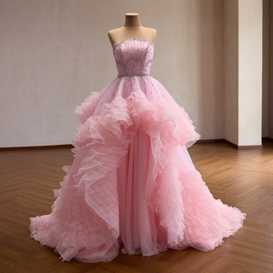 Robe de soirée asymétrique en tulle plissé avec corsage orné de perles de cristal rose, modèle Jancember 261069 - Product Image 2