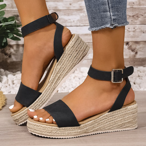 Women New Style Hemp Rope Bottom Wedge Sandals Summer Thick Sole European and American Style Platform Sandals Wholesale - Product Image 1