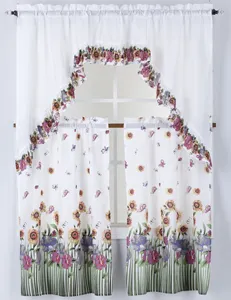 3PCS花卉设计超细纤维印花厨房窗帘