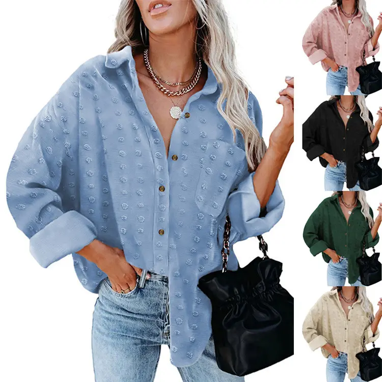 European and American autumn 2021 solid color chiffon jacquard lapel long-sleeve shirt breasted loose cardigan blouse