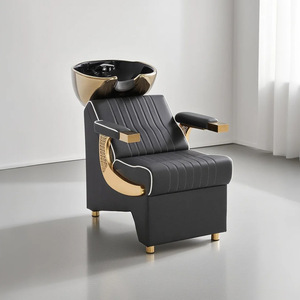 Sillón de Lavado de Cabello Moderno Negro y Dorado para Salón, Semicómodo, con Estructura de Aluminio y Lavabo de Cerámica, Mueble de Salón - Product Image 2