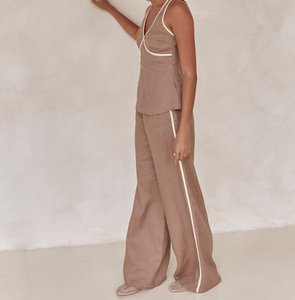 <span class=keywords><strong>Pantaloni</strong></span> casual da donna <span class=keywords><strong>marroni</strong></span> larghi a vita alta <span class=keywords><strong>pantaloni</strong></span> lunghi di <span class=keywords><strong>lino</strong></span> da donna - Product Image 4