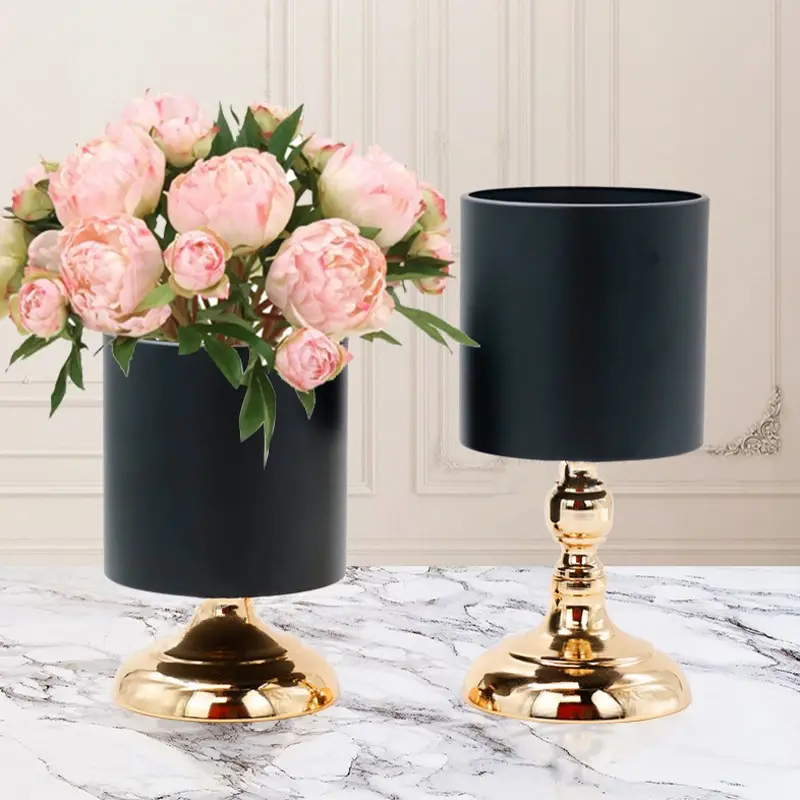 Neues Design Gold Schwarz Zylinder Blumenvase Metall Blumen ständer Tisch dekoration für Hochzeits dekoration