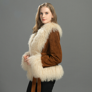 Giacca <span class=keywords><strong>in</strong></span> Vera Pelle da <span class=keywords><strong>Donna</strong></span> Moda Autunno Inverno, <span class=keywords><strong>Cappotto</strong></span> <span class=keywords><strong>in</strong></span> Pelle Scamosciata <span class=keywords><strong>con</strong></span> Bordo <span class=keywords><strong>in</strong></span> <span class=keywords><strong>Pelliccia</strong></span> di Agnello Mongolo a Pelo Lungo - Product Image 2