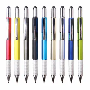 批发塑料多功能笔6合1工具笔，带直尺水平仪和螺丝刀手写笔圆珠笔